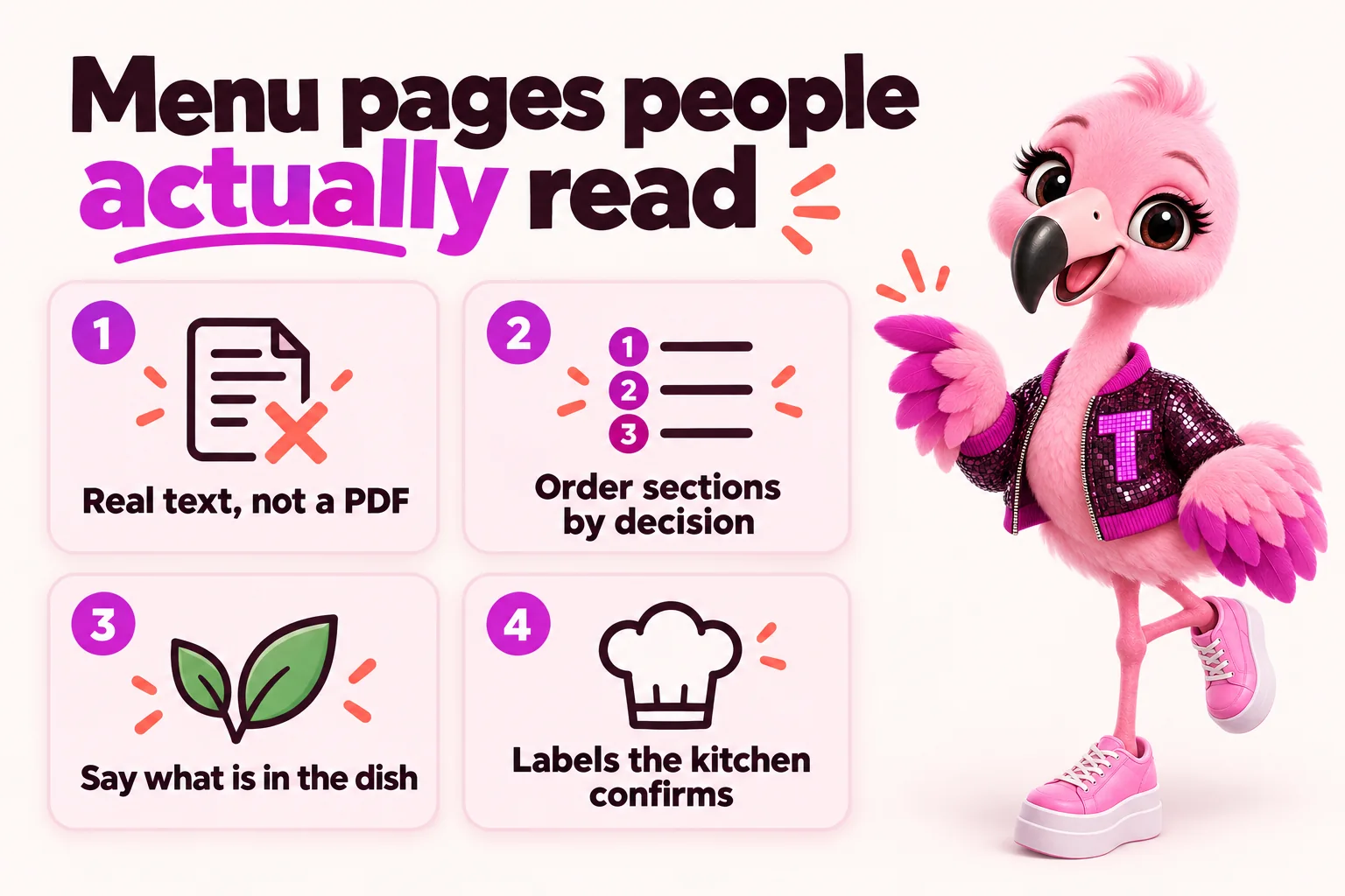 Menu pages people actually read: real text, not a PDF; order sections by decision; say what is in the dish; labels the kitchen confirms.