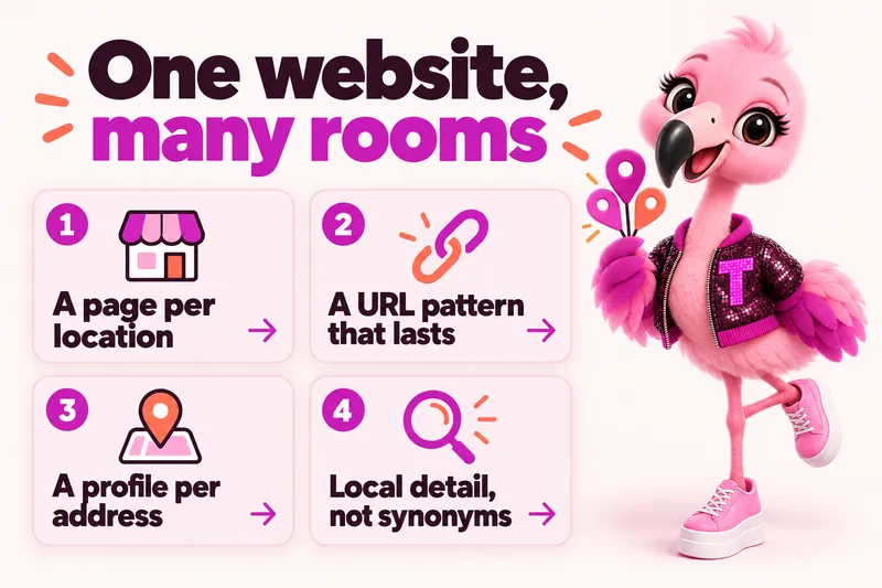 One website, many rooms: a page per location, a URL pattern that lasts, a profile per address, local detail, not synonyms.