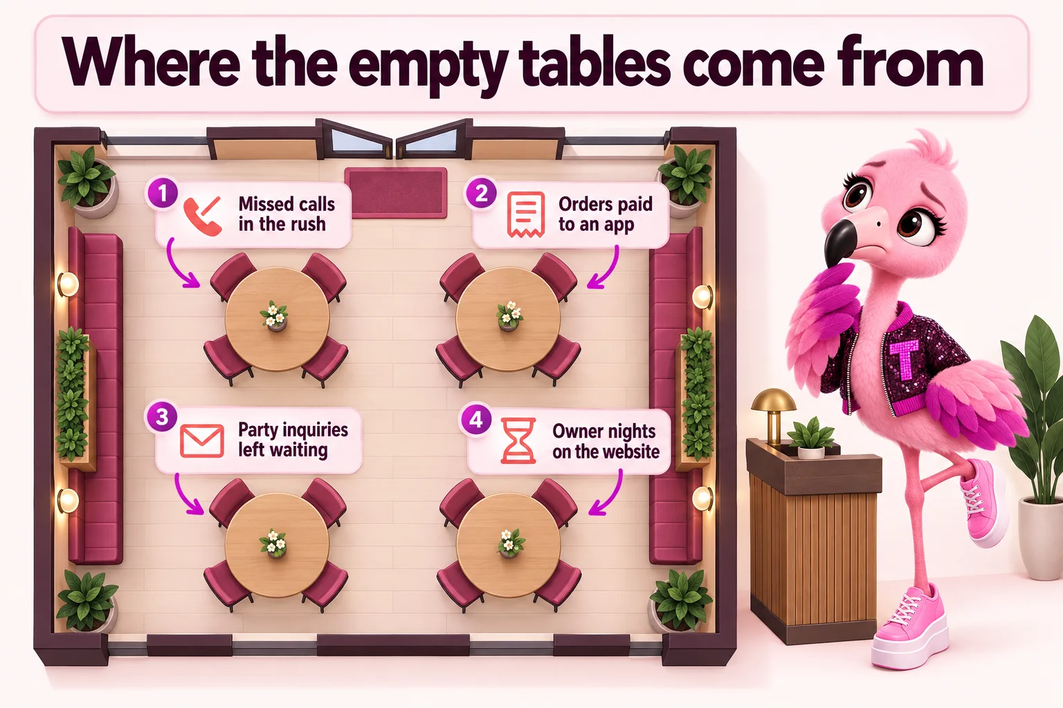 Where the empty tables come from: missed calls in the rush, orders paid to an app, party inquiries left waiting, owner nights on the website. Tutti looks worried at four empty tables.