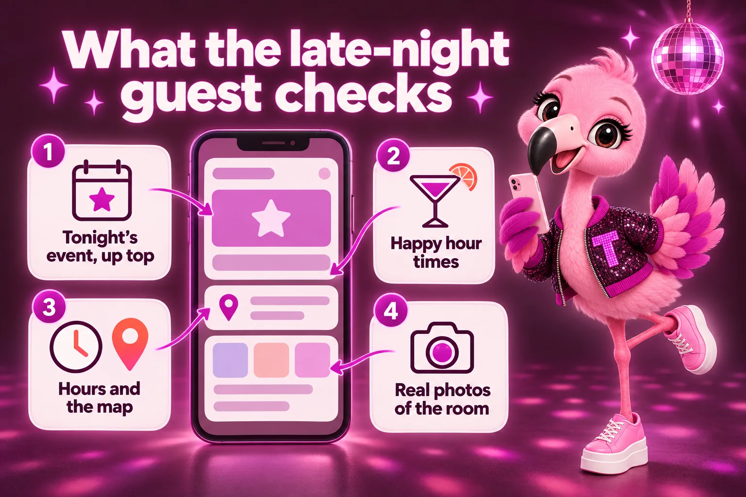 What the late-night guest checks: tonight's event up top, happy hour times, hours and the map, real photos of the room. Tutti dances under a disco ball.