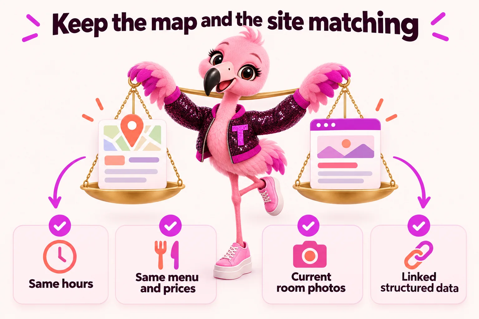 Keep the map and the site matching: same hours, same menu and prices, current room photos, linked structured data. Tutti balances the scale on one leg.