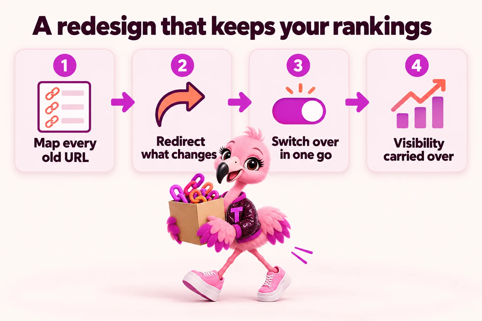 A redesign that keeps your rankings: map every old URL, redirect what changes, switch over in one go, visibility carried over. Tutti carries a moving box.