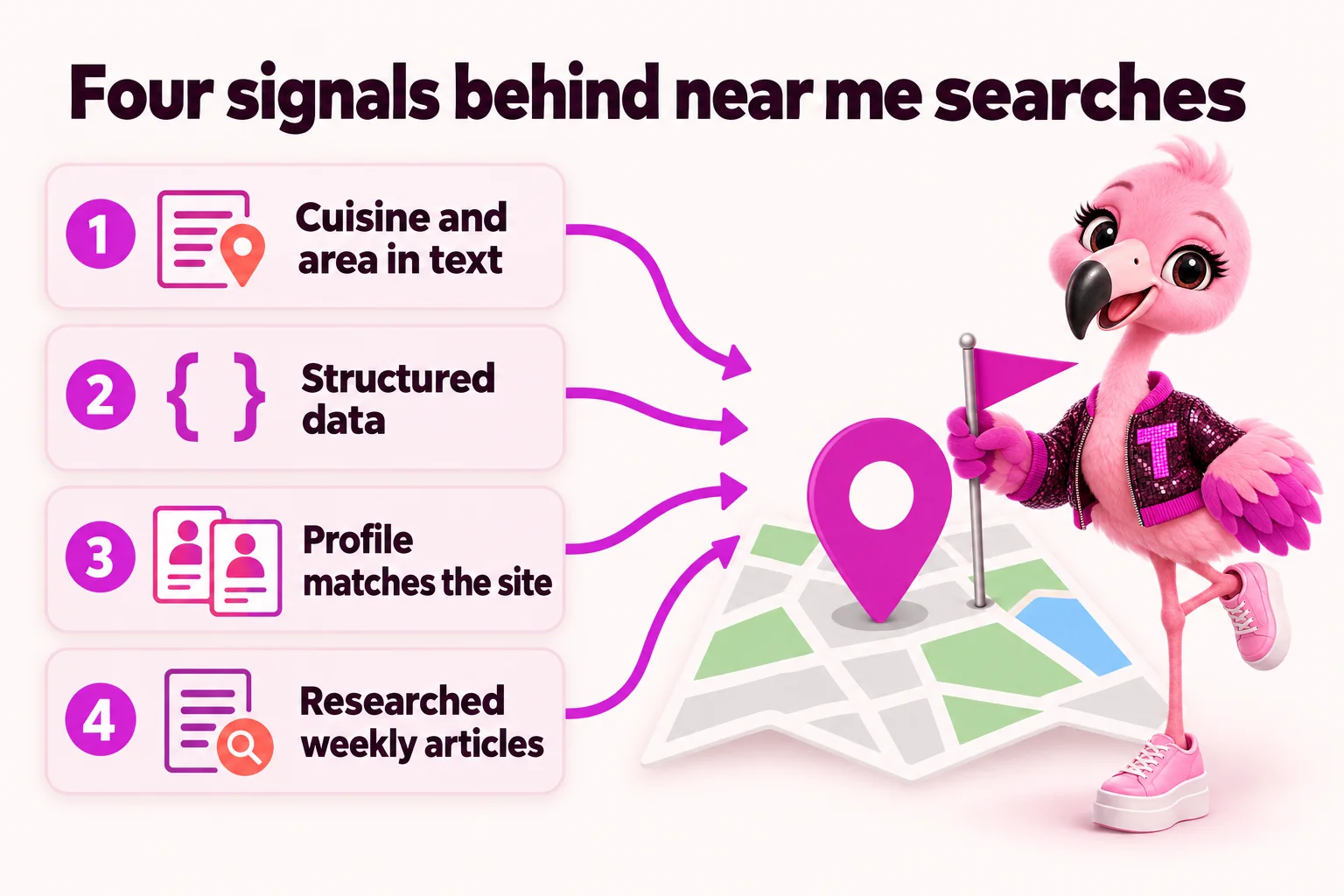 Four signals behind near me searches: cuisine and area in text, structured data, profile matches the site, researched weekly articles. Tutti plants a flag by the map pin.