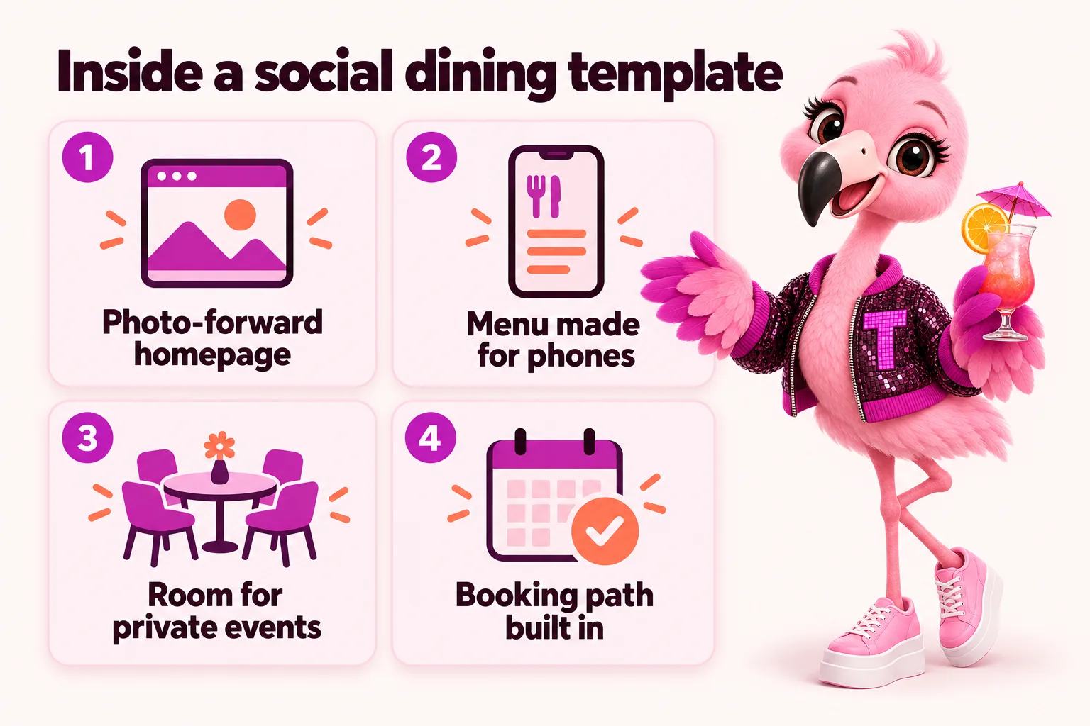 Inside a social dining template: photo-forward homepage, menu made for phones, room for private events, booking path built in.