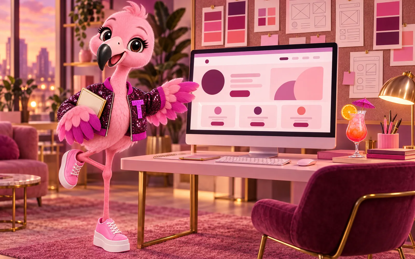 Meet Tutti, the EateryWebStudio mascot, presenting a restaurant website design on a studio monitor