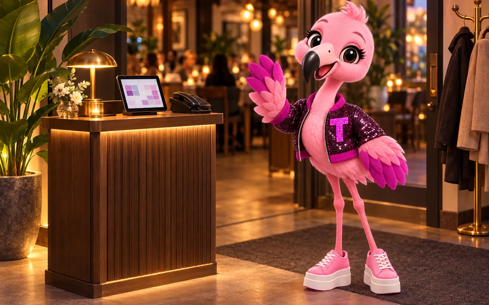 Tutti the flamingo mascot waving hello beside a restaurant host stand with a tablet and phone
