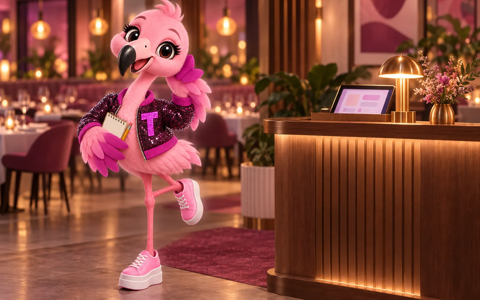 Tutti the flamingo mascot at a host stand, a wing cupped to her ear and a notepad ready, listening for your question