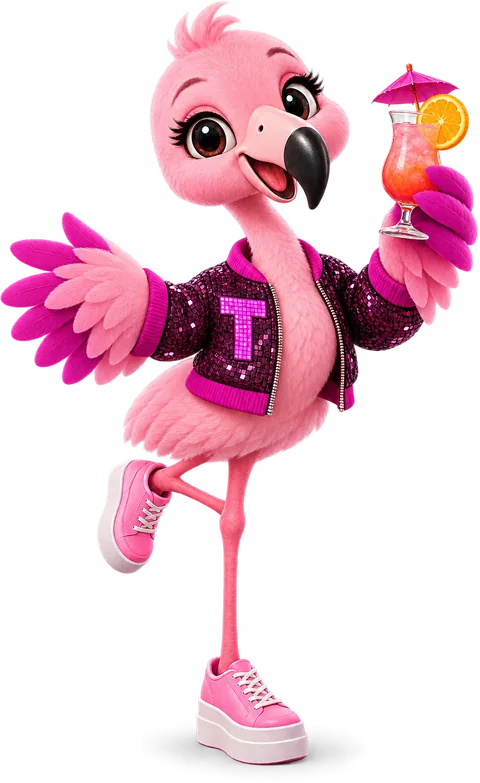 Tutti, the EateryWebStudio flamingo mascot, presenting tonight's table requests with a mocktail raised
