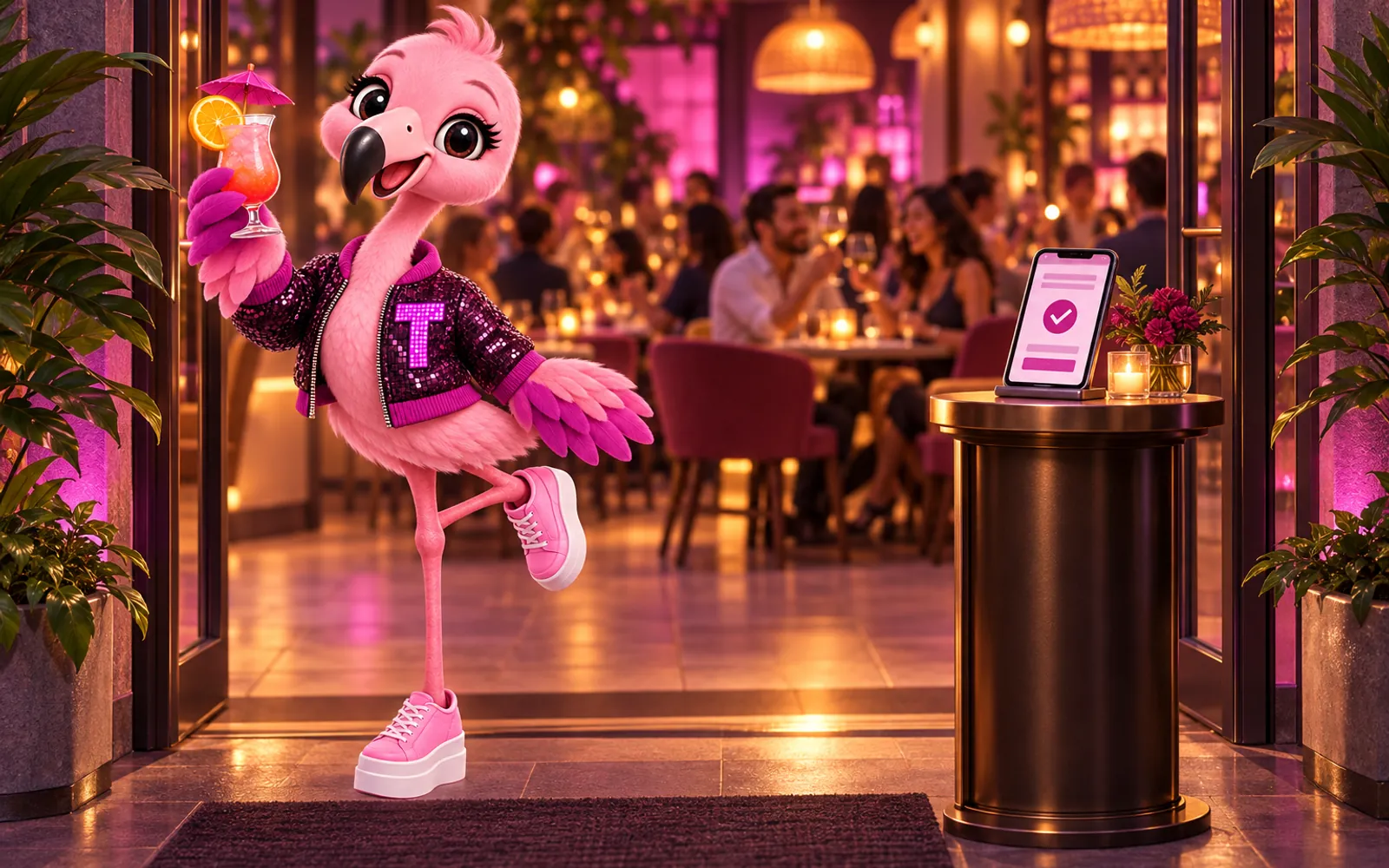Tutti the flamingo mascot toasting at the door of a full dining room, a booking confirmation on a phone beside her
