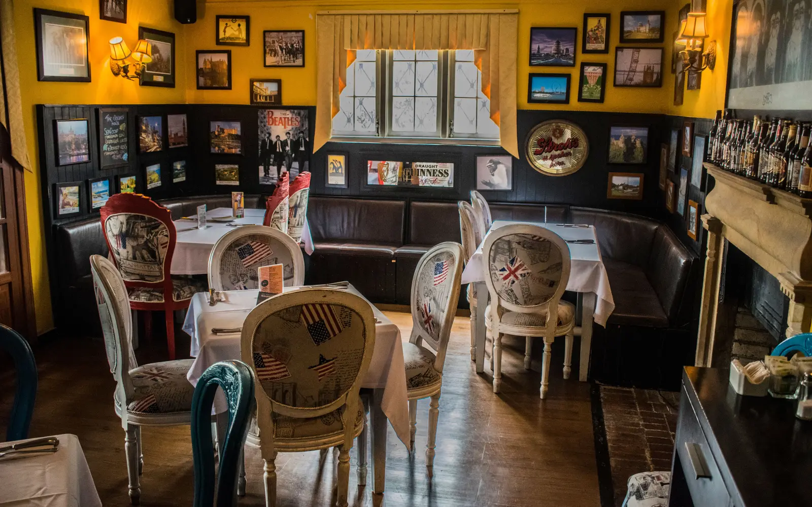 Neighborhood bistro interior with small tables and eclectic decor