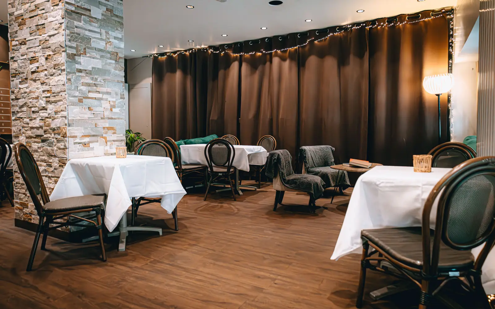 Restaurant interior with pendant lighting and modern decor