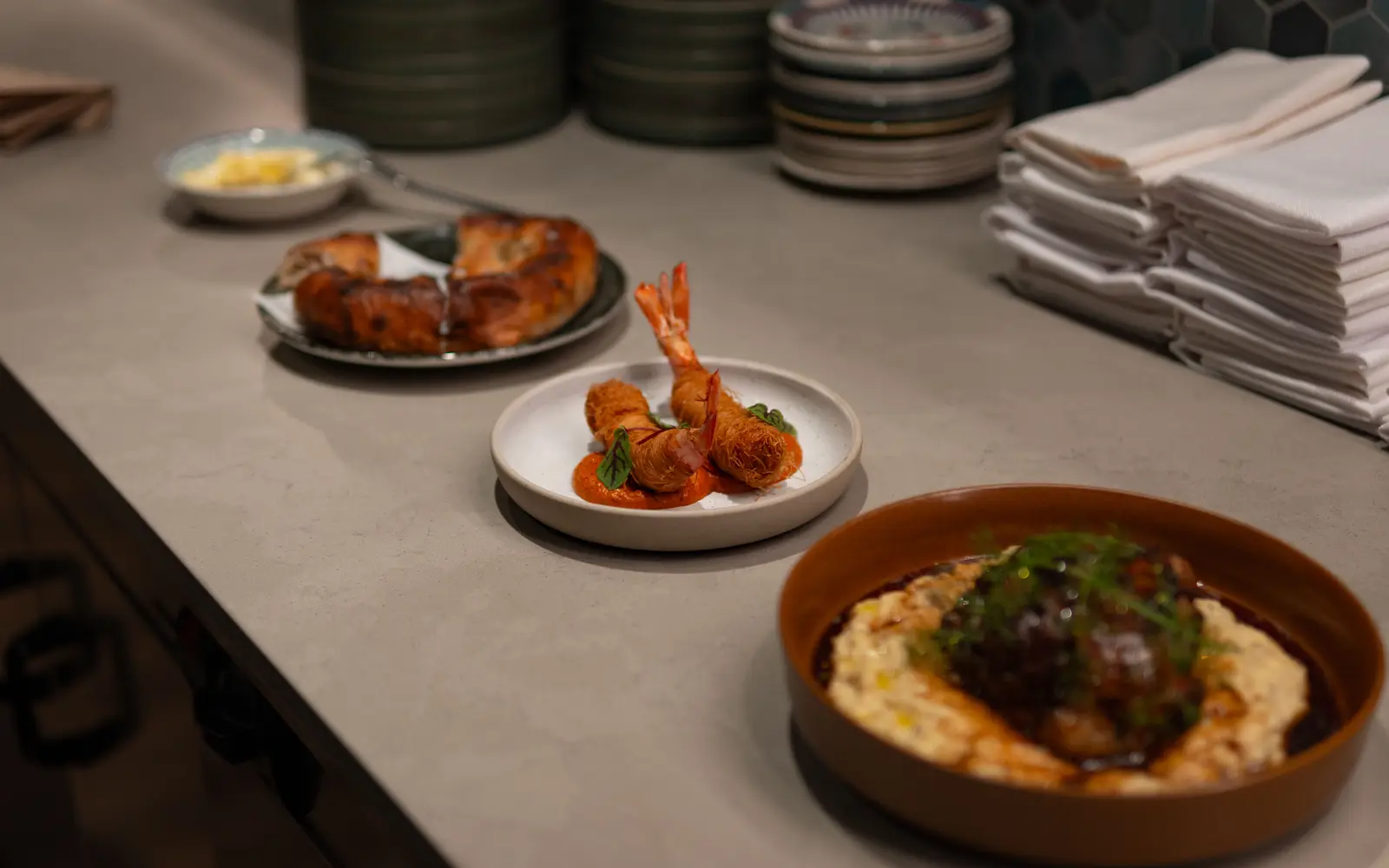 Gourmet plated dishes arranged along a kitchen counter